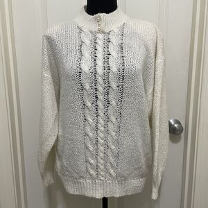 Sterling Harris Vintage White Cable Knit Sweater Mock Neck Women's Large Pearl‎
